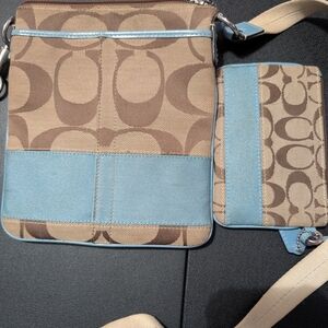 Coach Brown and Blue Crossbody Bag And ID case